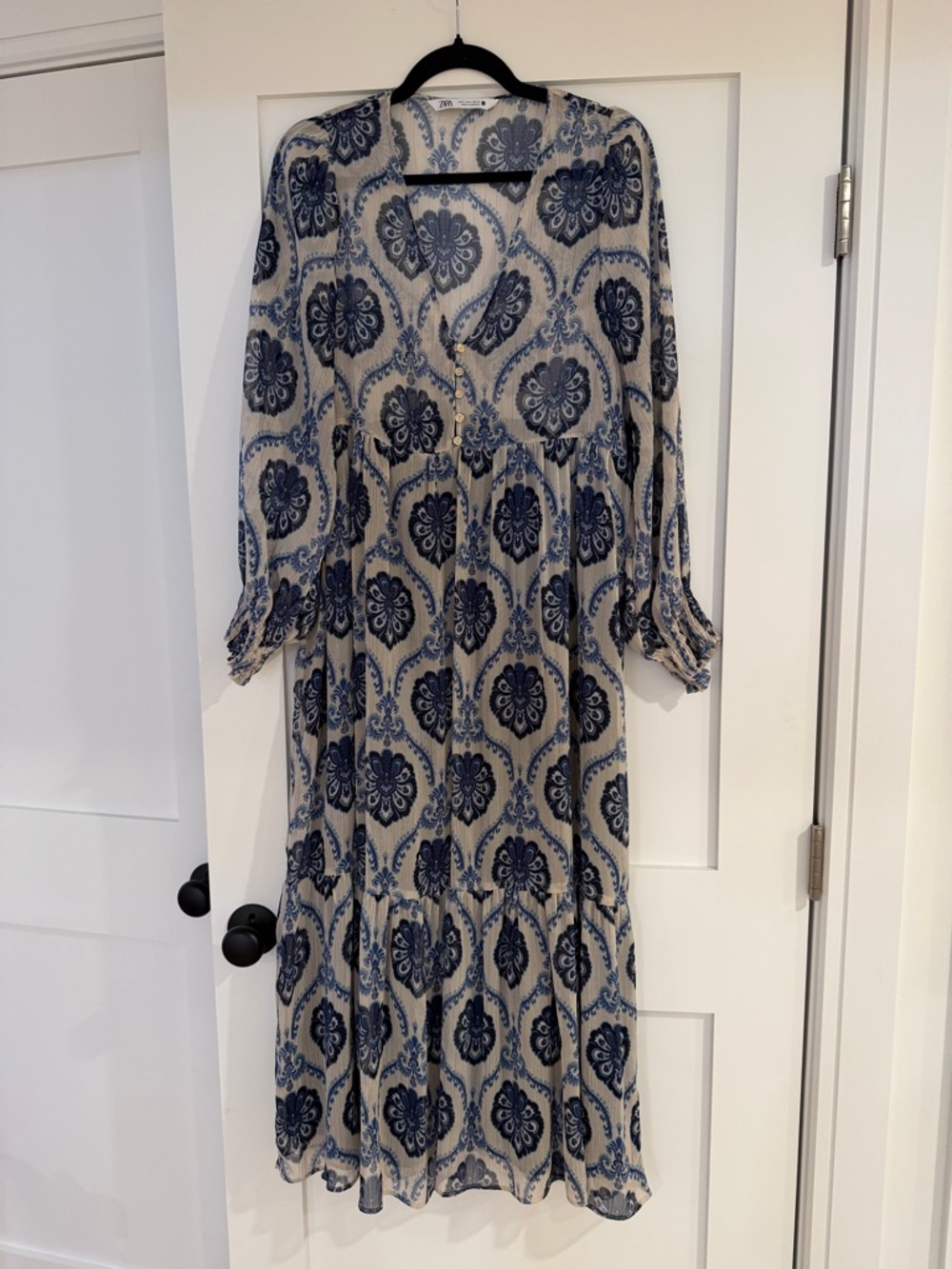 Zara Cream & Navy Sheer Maxi Dress with Medallion Print